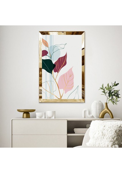 Gold Aynalı Pleksi Çerçeveli Botanik Temalı Dekoratif Yapraklar Tablo