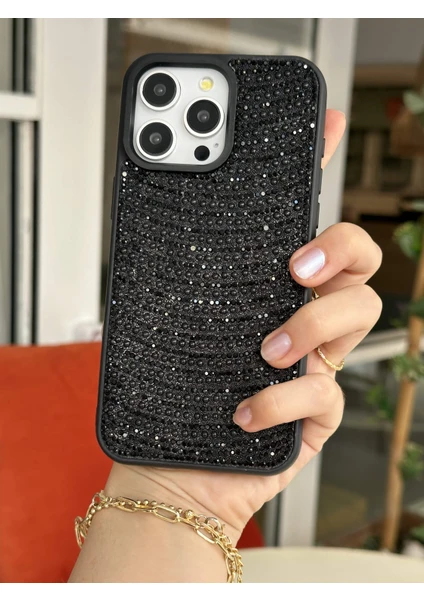 Paladyum Case iPhone 15 Promax Uyumlu Siyah Pırlanta Taşlı Kılıf