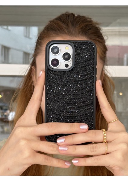 Paladyum Case iPhone 15 Promax Uyumlu Siyah Pırlanta Taşlı Kılıf