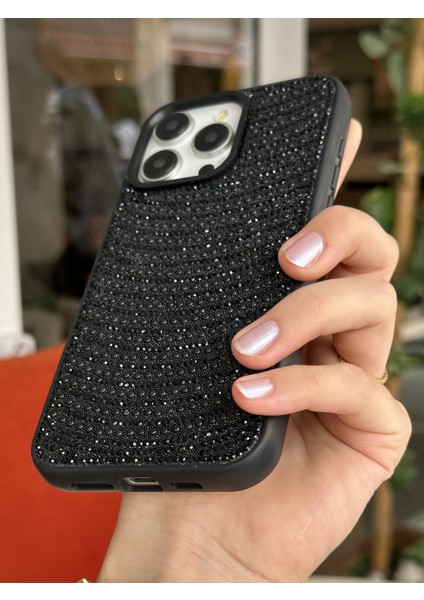 Paladyum Case iPhone 15 Promax Uyumlu Siyah Pırlanta Taşlı Kılıf