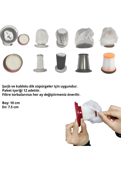 Şarjlı Dikey Süpürgeler Için Filtre Koruma Torbası 12'li