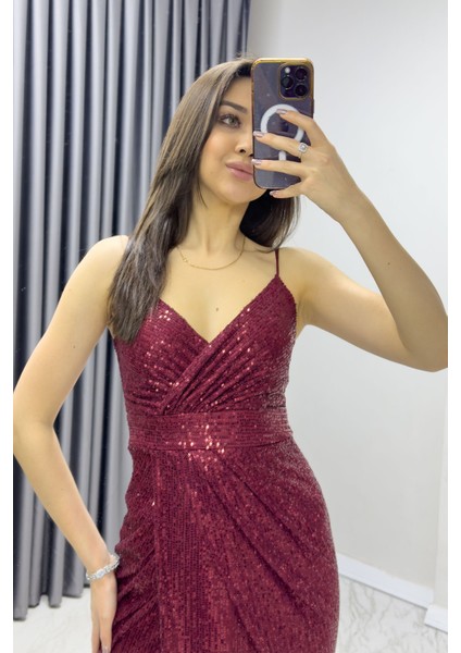 Kadın Askılı Pul Payet Kruvaze Yırtmaçlı Abiye Elbise Siyah, Saks, Bej, Lacivert,Kırmızı, Bordo, Zümrüt Yeşil