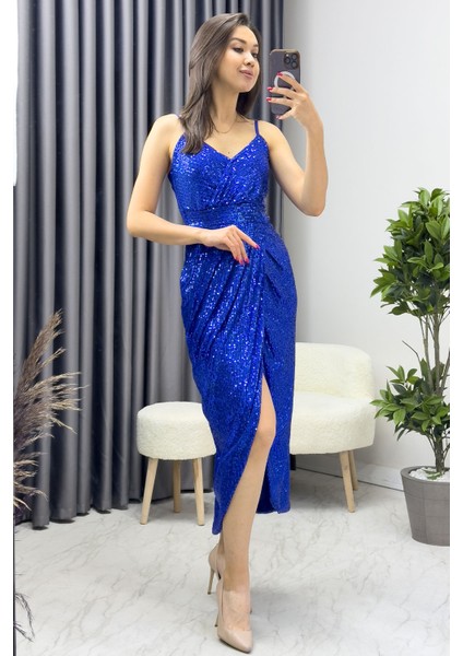 Kadın Askılı Pul Payet Kruvaze Yırtmaçlı Abiye Elbise Siyah, Saks, Bej, Lacivert,Kırmızı, Bordo, Zümrüt Yeşil