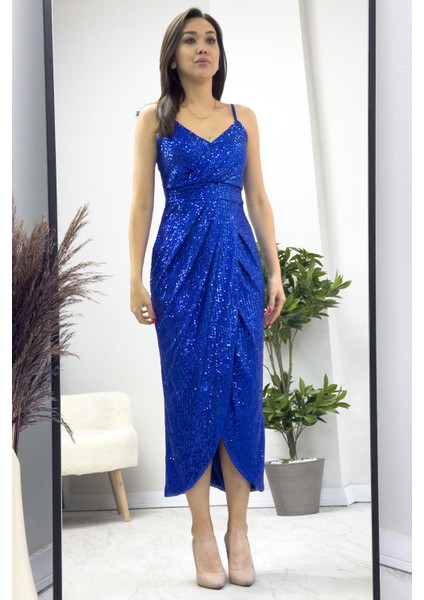 Kadın Askılı Pul Payet Kruvaze Yırtmaçlı Abiye Elbise Siyah, Saks, Bej, Lacivert,Kırmızı, Bordo, Zümrüt Yeşil modelleri