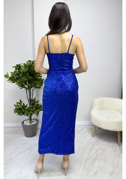 Kadın Askılı Pul Payet Kruvaze Yırtmaçlı Abiye Elbise Siyah, Saks, Bej, Lacivert,Kırmızı, Bordo, Zümrüt Yeşil fırsatları