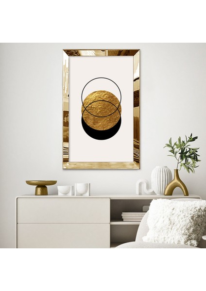 Gold Aynalı Pleksi Çerçeveli Siyah ve Altın Renkli Minimal Tarzda Daireler Tablo