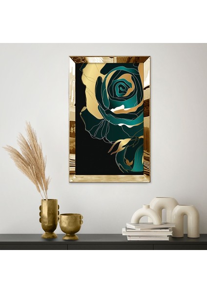Gümüş Aynalı Pleksi Çerçeveli Koyu Yeşil ve Altın Renkli Büyük Gül Tablo fiyatları