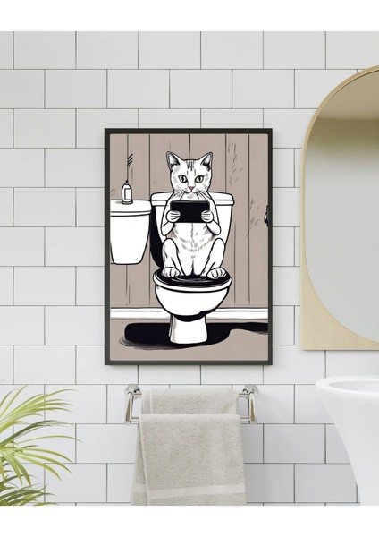 Çerçeveli, Kedili Banyo Tuvalet Dekoratif Tablo, Minimal Pinterest Tarzı Çerçeveli Poster