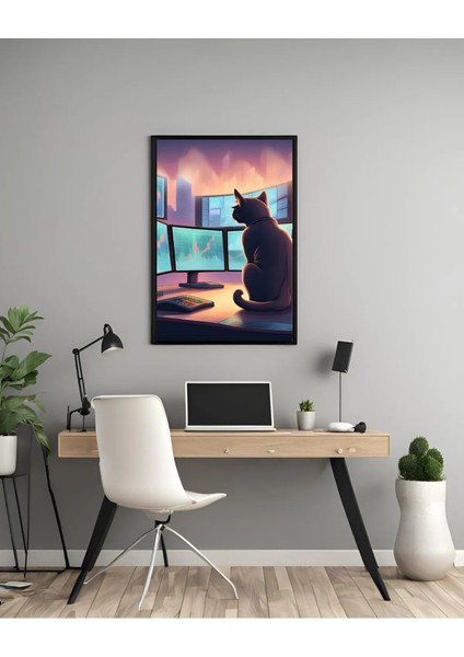 Çerçeveli, Borsacı Kedi Çalışma Odası Dekoratif Tablo, Modern Pinterest Tarzı Çerçeveli Poster