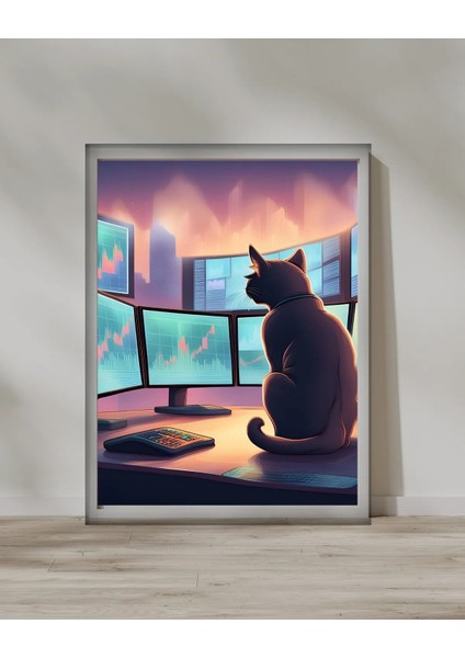 Çerçeveli, Borsacı Kedi Çalışma Odası Dekoratif Tablo, Modern Pinterest Tarzı Çerçeveli Poster fiyatları