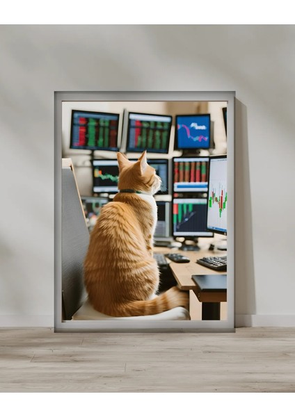 Çerçeveli, Borsacı Kedi Çalışma Odası Dekoratif Tablo, Modern Pinterest Tarzı Çerçeveli Poster