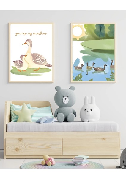 Çerçeveli, Bebek Odası Çerçeveli Poster, 2'li Ördek Çizimli Minimal Dekoratif, Pinterest Tarzı Tablo