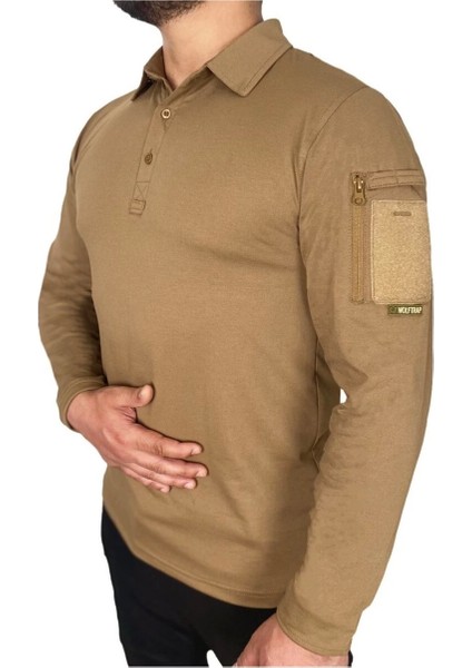 Polo Yaka 2 Cepli Uzun Kollu Taktik T-Shirt Bej