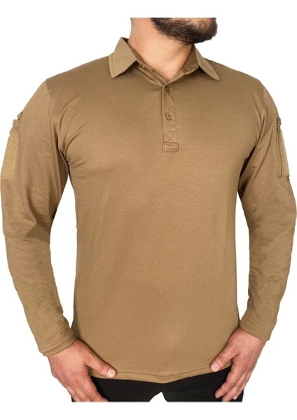 Polo Yaka 2 Cepli Uzun Kollu Taktik T-Shirt Bej