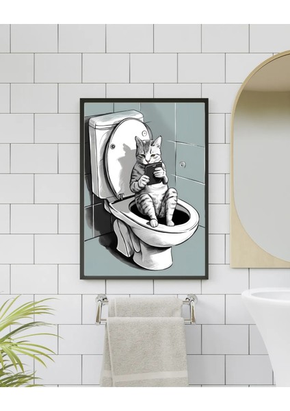 Çerçeveli, Kedili Banyo Tuvalet Dekoratif Tablo, Minimal Pinterest Tarzı Çerçeveli Poster