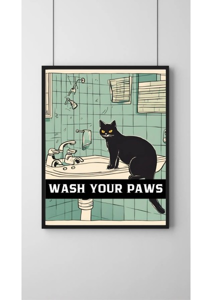 Çerçeveli, Siyah Kedili Banyo Tuvalet Dekoratif Tablo, Modern Pinterest Tarzı Çerçeveli Poster