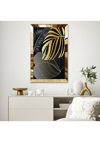 Gümüş Aynalı Pleksi Çerçeveli Siyah ve Altın Palmiye Yaprakları Tablosu