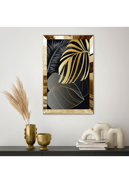 Gümüş Aynalı Pleksi Çerçeveli Siyah ve Altın Palmiye Yaprakları Tablosu fiyatları
