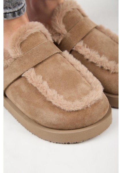 (Ecemi Platform) Kadın Deri Kürklü Loafer Platform Vizon Terlik fırsatları