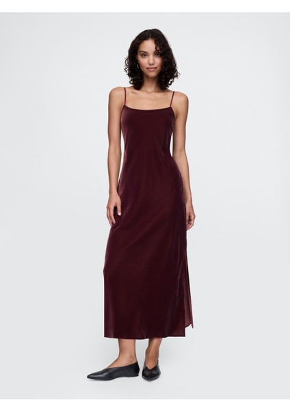 Kadın Bordo Kadife Maxi Slip Elbise