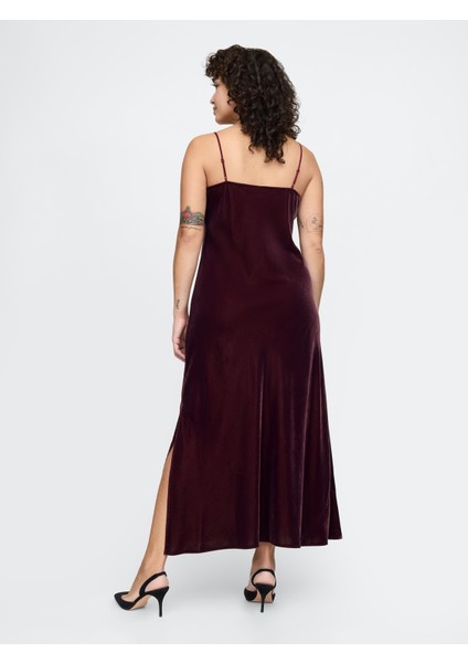 Kadın Bordo Kadife Maxi Slip Elbise