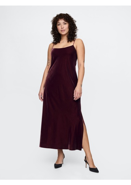 Kadın Bordo Kadife Maxi Slip Elbise