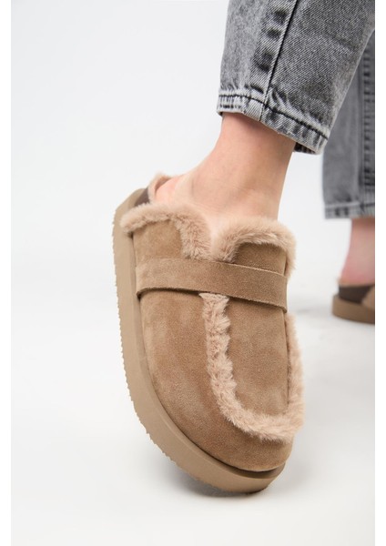 (Ecemi Platform) Kadın Deri Kürklü Loafer Platform Vizon Terlik