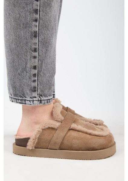 (Ecemi Platform) Kadın Deri Kürklü Loafer Platform Vizon Terlik fiyatları