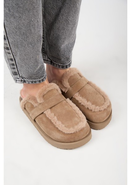 (Ecemi Platform) Kadın Deri Kürklü Loafer Platform Vizon Terlik modelleri