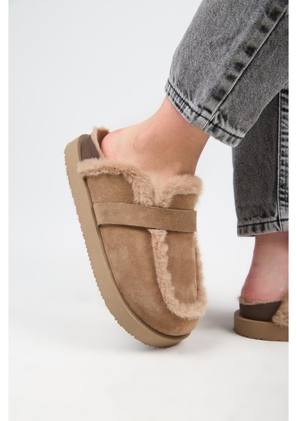 (Ecemi Platform) Kadın Deri Kürklü Loafer Platform Vizon Terlik indirimleri