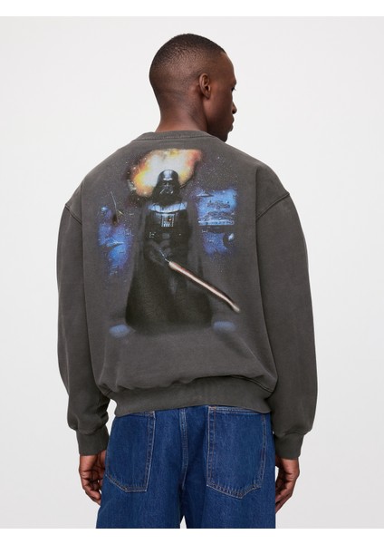 Erkek Siyah Star Wars Grafikli Oversize Sweatshirt