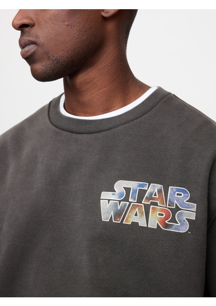 Erkek Siyah Star Wars Grafikli Oversize Sweatshirt