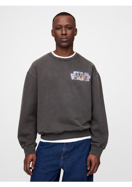 Erkek Siyah Star Wars Grafikli Oversize Sweatshirt