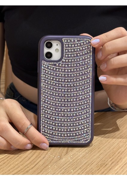 iPhone 11 Uyumlu Mor Pırlanta Taşlı Kılıf