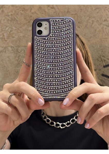 iPhone 11 Uyumlu Mor Pırlanta Taşlı Kılıf