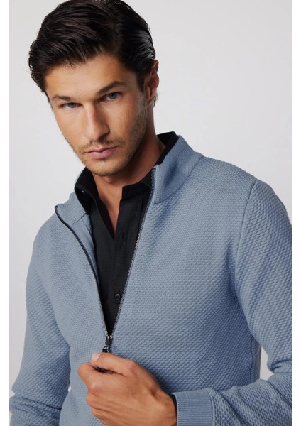 Desenli Yarım Balıkçı Yaka Fermuarlı Erkek Hırka