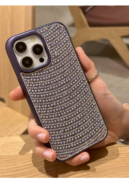 Paladyum Case iPhone 14 Promax Uyumlu Mor Pırlanta Taşlı Kılıf