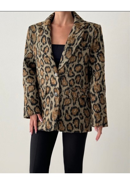 Leopar Desenli Kaşe Blazer Astarlı Ceket