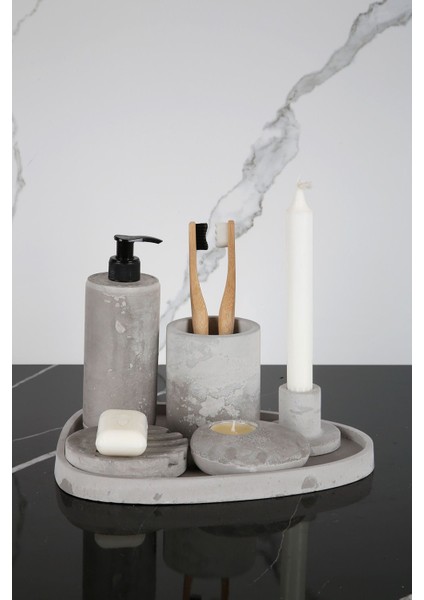 6 Parça Mermer Desenli Beton Banyo Seti Katı ve Sıvı Sabunluk Mumluk Tütsülük Diş Fırçalığı