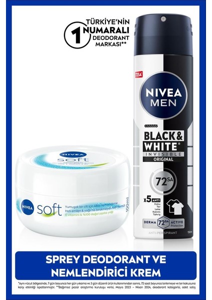 MEN Erkek Sprey Deodorant Black&White Invisible Original ve Soft Nemlendirici Vücut Bakım Kremi100ml