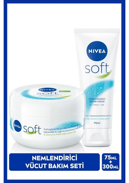 Soft Nemlendirici Bakım Kremi 300ml ve Soft Krem 75ml, El Yüz Vücut, E Vitamini, Yumuşak Cilt,Jojoba