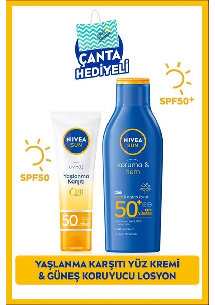 SUN Hafif Dokulu Güneş Yüz Kremi 40ml ve Koruyucu Bronzlaştırıcı Güneş Spreyi 200ml, SPF50, Çantalı