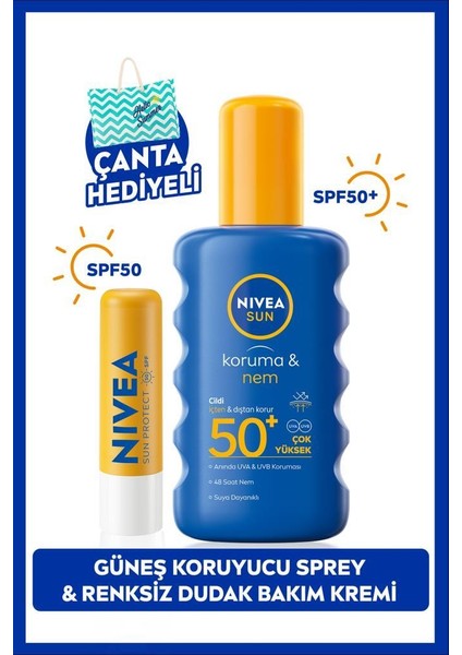 SUN Koruma ve Nem Vücut Spreyi 200ml ve Yüksek Güneş Korumalı Dudak Bakım Kremi, SPF50, Çanta Hediye