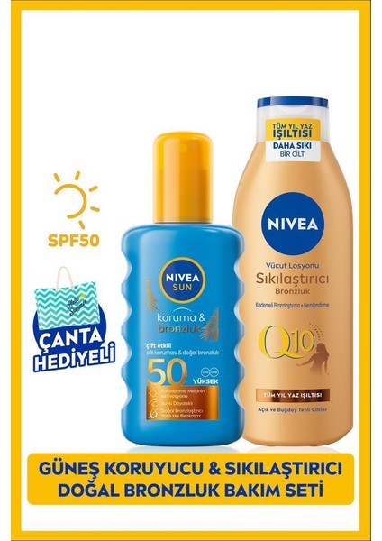 Nıvea Koruma & Bronzluk Sağlayan Güneş Spreyi SPF50+ 200ml + Nıvea Sıkılaştırıcı Doğal Bronzluk Sağlayan Vücut Losyonu 200 ml