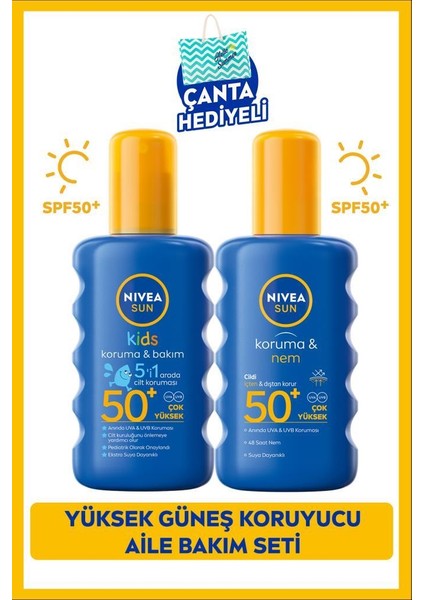 NIVEA SUN Koruma Nem Vücut Spreyi 200ml ve Çocuklar İçin Hassas Güneş Koruyucu 200ml, SPF50, Çanta Hediye