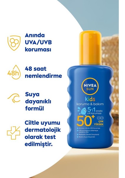 NIVEA SUN Koruma Nem Vücut Spreyi 200ml ve Çocuklar İçin Hassas Güneş Koruyucu 200ml, SPF50, Çanta Hediye