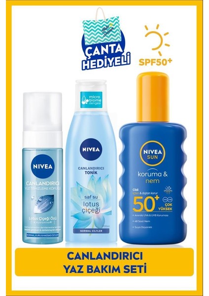 SUN Güneş Koruyucu Vücut Spreyi 200ml SPF50, Yüz Temizleme Köpüğü 150ml, Tonik 200ml, Çanta Hediye