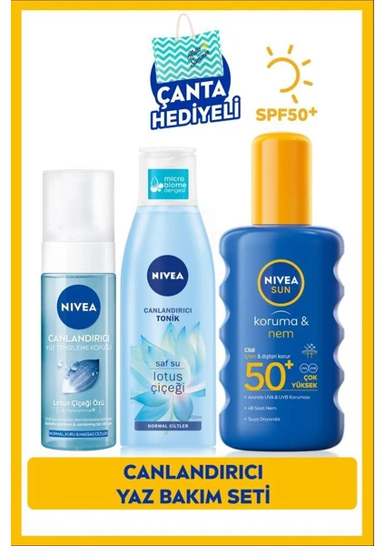 NIVEA SUN Güneş Koruyucu Vücut Spreyi 200ml SPF50, Yüz Temizleme Köpüğü 150ml, Tonik 200ml, Çanta Hediye