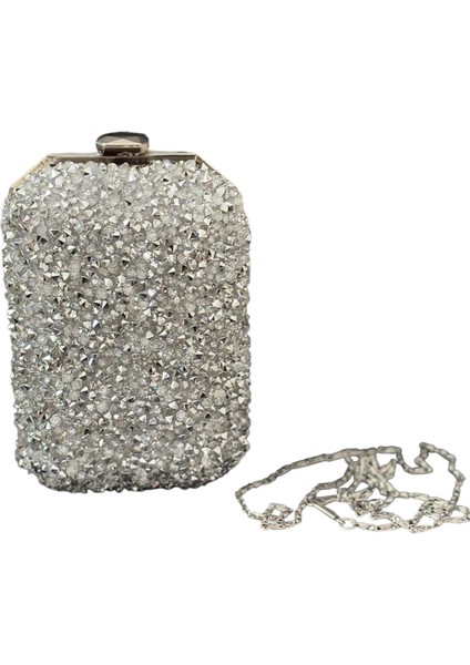 Dikdörtgen Cam Gümüş Taşlı Abiye Çanta