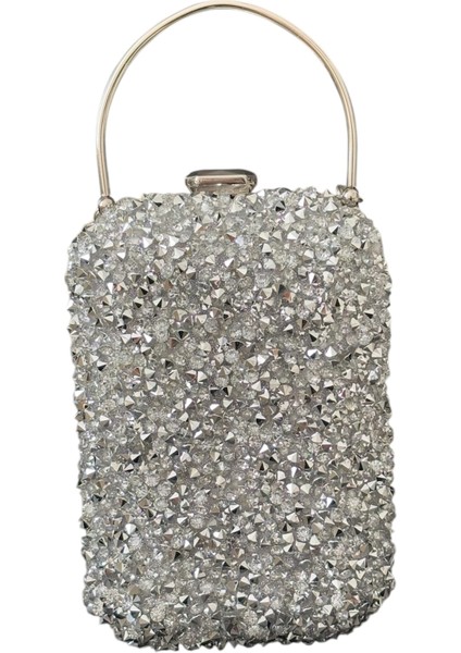 Dikdörtgen Cam Gümüş Taşlı Abiye Çanta fiyatları